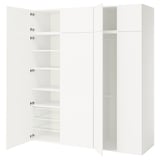 Bílý úložný díl PLATSA s polohovatelnými policemi a drátěnými koši v minimalistickém, moderním designu.