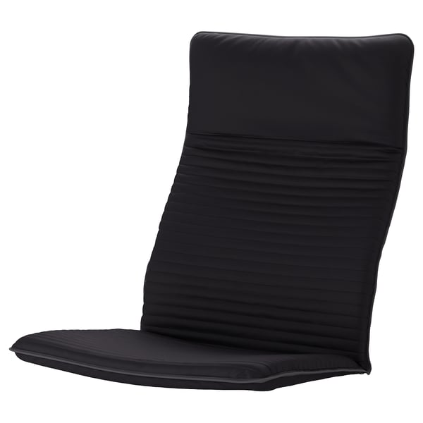 Černá polstrovaná židle, vysoká opěrka, měkká látka, elegantní design. Křeslo POÄNG, pohodlné a stylové.