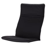 Černá polstrovaná židle, vysoká opěrka, měkká látka, elegantní design. Křeslo POÄNG, pohodlné a stylové.