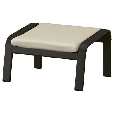 Podnožka POÄNG: černý kovový rám, béžový polštář, moderní design.
