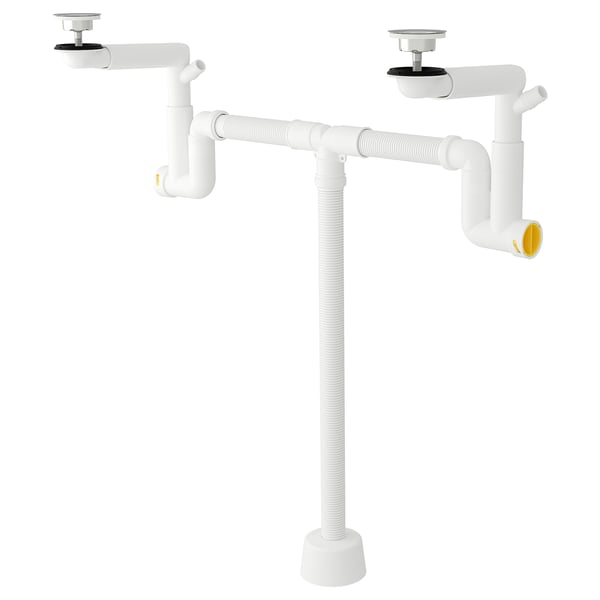 Bílá sada instalatérského sifonu RÄNNILEN s ohebnými trubkami, kovovými sítky a plastovými komponenty pro instalaci pod dřez.