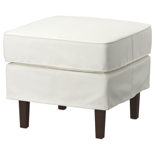 ROCKSJÖN bílá podnožka; hranatý, plyšový, nohy z tmavého dřeva, minimalistický design.