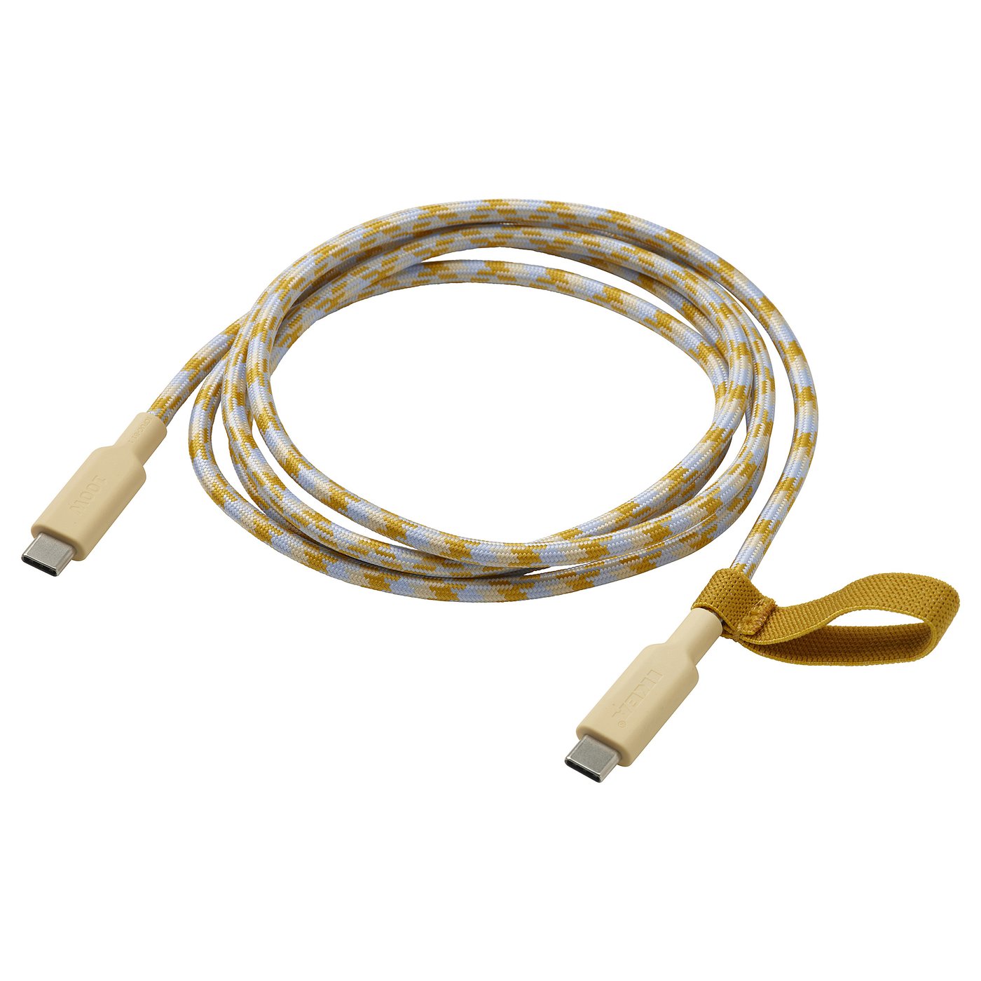 Nabíjecí kabel RUNDHULT usb-c, béžový a šedý, stočený se smyčkou na jednom konci pro uložení.