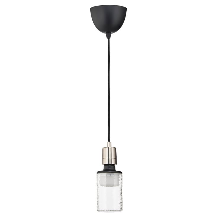 SKAFTET / MOLNART Závěsná lampa s žárovkou, textil poniklováno/trubicový tvar vzorováno