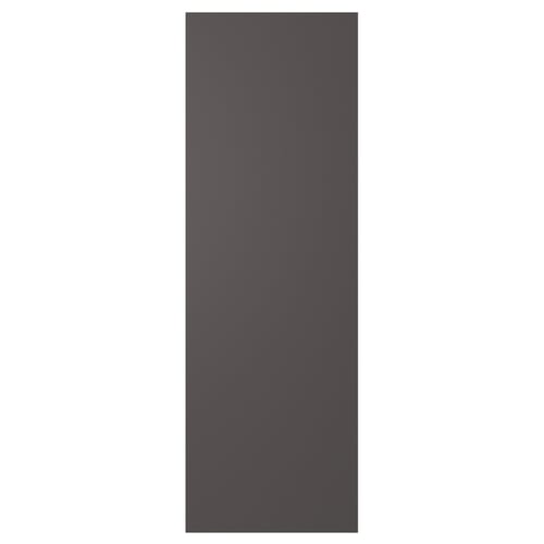 Šedé dveře SKATVAL, obdélníkové, jednoduchý design, vyrobené z plastového lemování a dřevotřískových desek.