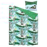Ložní souprava s lesní tématikou: peřina a polštář v zelené barvě, s lesními bytostmi, stromy a houbami.