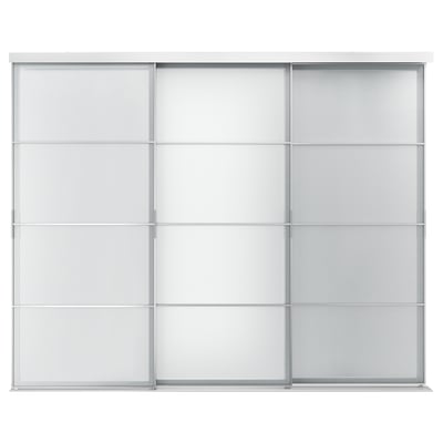 Posuvné dveře SKYTTA bílé, elegantní moderní design, skleněné výplně rámované hliníkem. 3 části, minimalistický vzhled.