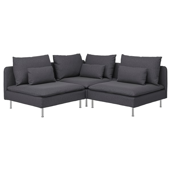 SÖDERHAMN tmavě šedá rohová pohovka; moderní, elegantní design; ocelové nohy; Polstrovaná sedadla a opěradla.