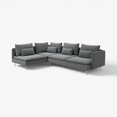 Moderní šedá sekční pohovka ve tvaru písmene L s elegantními kovovými nohami a množstvím polštářů.