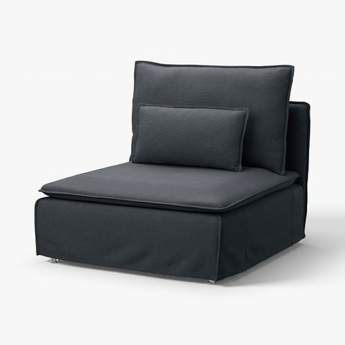 Křeslo SÖDERHAMN, černé, s měkkým, strukturovaným látkovým potahem. Má elegantní, moderní design.