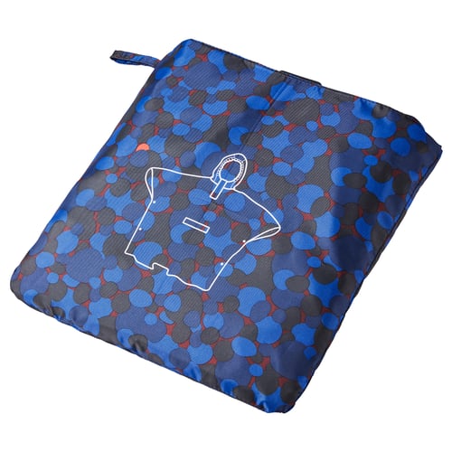 Modrý vzorovaný SPJUTSÖ pytlík se šedými a červenými tečkami, s bílým obrysem, vyrobený z recyklovaného polyesteru a polyuretanu.