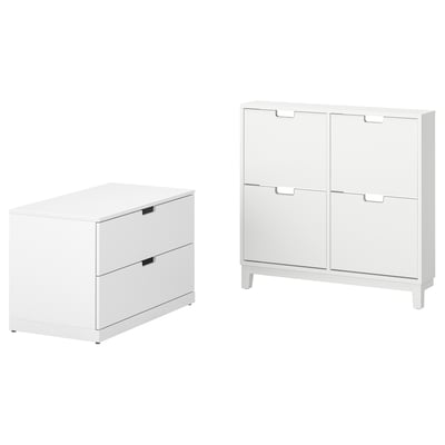 Bílý nábytek: komoda se 2 zásuvkami, vysoká skříň se 4 přihrádkami. Minimalistický, praktický.