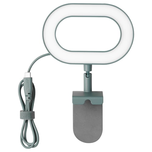 STÄNKREGN kruhová lampa, zelená, připevňuje se k notebooku, kabel USB-C, nastavitelná, dotykový stmívač.