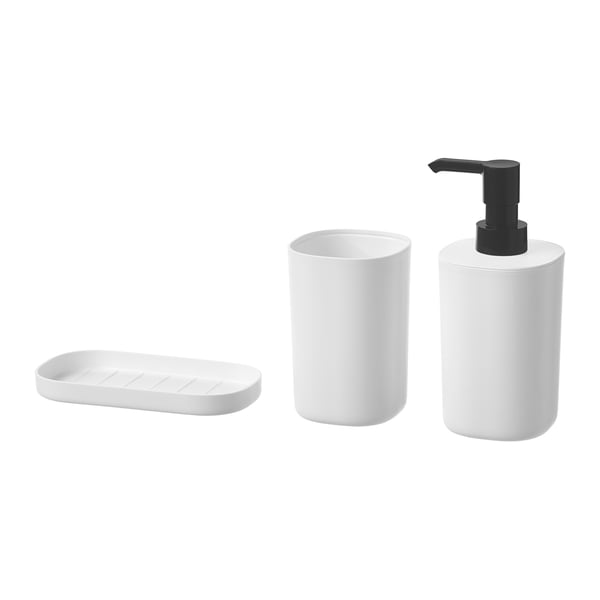Tři bílé koupelnové doplňky: dávkovač mýdla, kelímek na zubní kartáček a podnos. Moderní, elegantní design. Recyklované materiály.