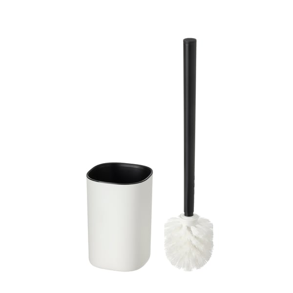 WC štětka STORAVAN s elegantní bílou nádobou a černou rukojetí s bílými štětinami, což podporuje moderní a čistý design koupelny.