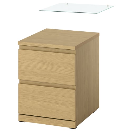 STORKLINTA Komoda se 2 zásuvkami, vzor dub/se skleněnou deskou, 40x50x53 cm