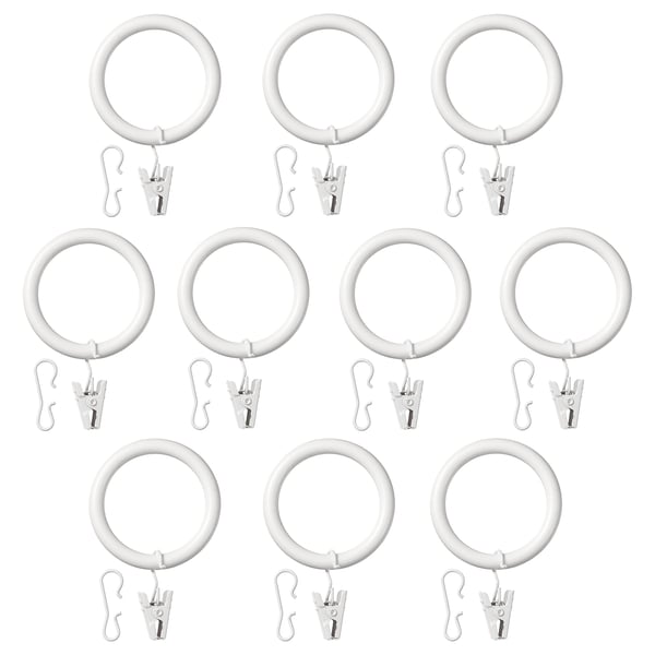 Sada 12 bílých kroužků na závěsy SYRLIG - abs plast, ocelové háčky.
