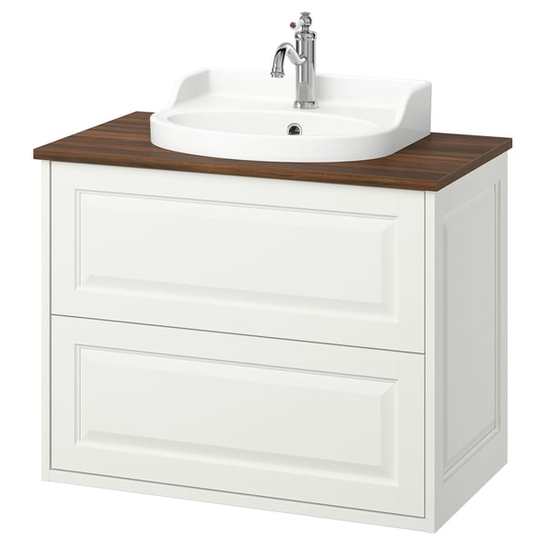 TÄNNFORSEN bílé koupelnové umyvadlo, dřevěná deska, keramické umyvadlo, klasický design.