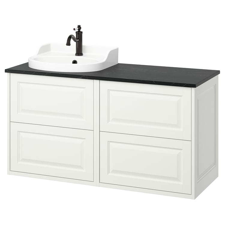 TÄNNFORSEN / RUTSJÖN Umyv. skříňka, umyvadlo a baterie, bílá/černá vzor mramoru, 122x49x76 cm