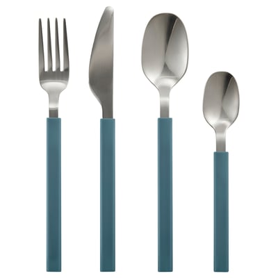 TÅNGMÄRLA sada příborů v modrozelené barvě. Vidlička, nůž, dvě lžíce; elegantní design, odolné rukojeti.