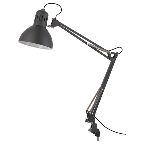 Nastavitelná šedá stolní lampa TERTIAL s kovovým povrchem a širokým nastavitelným ramenem.