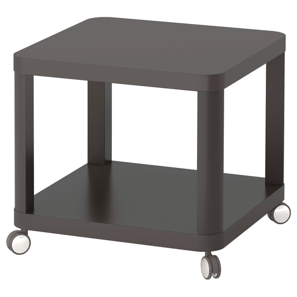 Černý čtvercový rolovací odkládací stolek na čtyřech kolech, moderní design, snadno se přemisťuje.