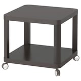 Černý čtvercový rolovací odkládací stolek na čtyřech kolech, moderní design, snadno se přemisťuje.