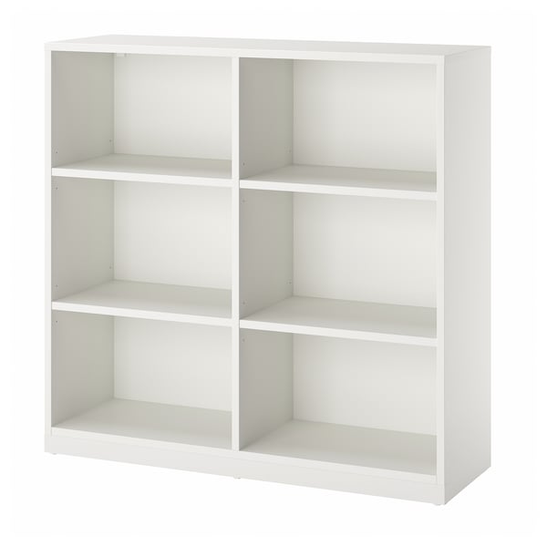 Bílá knihovna TONSTAD se čtyřmi nastavitelnými policemi. Má moderní, minimalistický design, vyrobený z dřevotřískových desek a natřený bílou barvou.