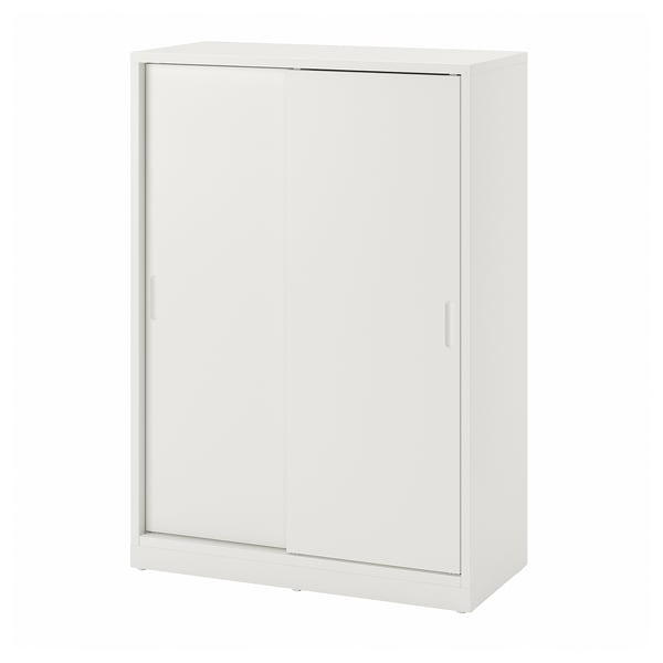 Šedobílá úložná skříňka s posuvnými dvířky, moderní design.