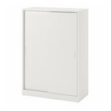 Šedobílá úložná skříňka s posuvnými dvířky, moderní design.