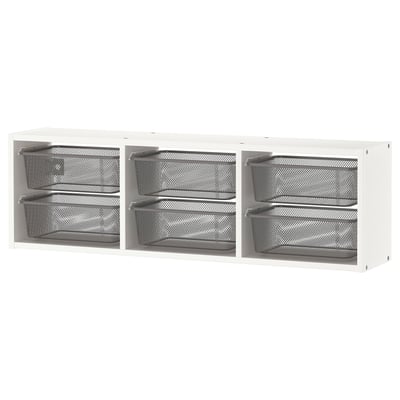 Bílý úložný díl TROFAST se šesti šedými mřížkovými boxy, třemi přihrádkami.
