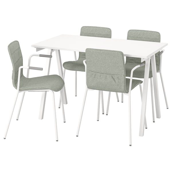 Moderní bílý jídelní set se čtyřmi šedými látkovými židlemi a čtvercovým stolem, elegantní a minimalistický design.