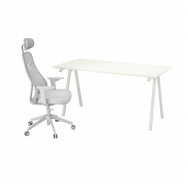 Minimalistická bílá kombinace psacího stolu a kancelářské židle se síťovanými opěradly a nastavitelnými vlastnostmi.