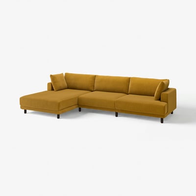 Hořčicově žlutá sekční pohovka UPPÅKRA, moderní design, čisté linie, podpůrné polštáře, dřevěné nohy.