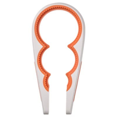 UPPFYLLD oranžový a bílý silikonový otvírák na sklenice, ergonomický, protiskluzový design pro snadné sejmutí víčka.