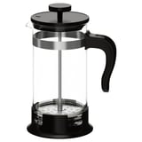 Černý french press UPPHETTA, skleněné tělo, plastové držadlo a víko, nerezové části, kulatý tvar.