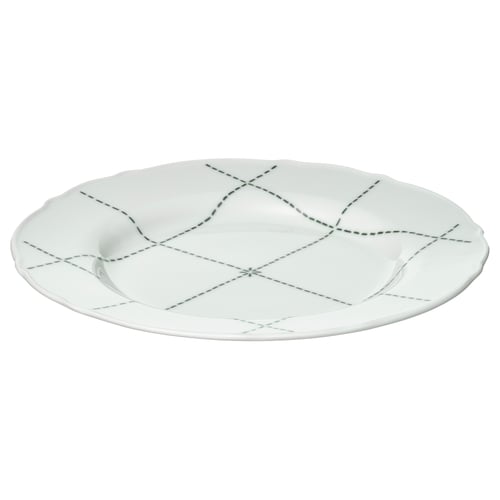 Talíř z bílého porcelánu UPPLAGA, kulatý s volánkovým okrajem, design černých čárkovaných čar.