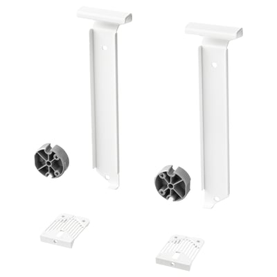 Na tomto obrázku jsou zobrazeny dva bílé kuchyňské držáky UTRUSTA a odpovídající plastové díly pro připojení k zásuvkám.
