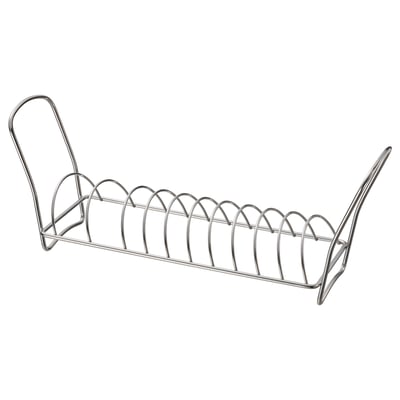 Stříbrný kovový stojan na nádobí, zakřivená rukojeť, drátěný design.