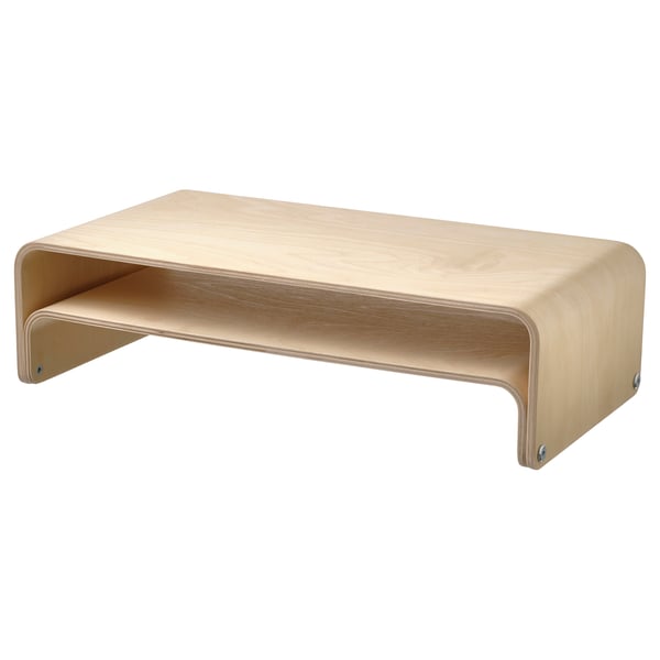Dřevěný stojan na monitor VATTENKAR v přírodní barvě, navržený pro ergonomické použití.