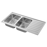 Nerezový kuchyňský dřez VATTUDALEN se dvěma miskami a odkapávací deskou. Umyvadlo je obdélníkové a má elegantní, moderní design.