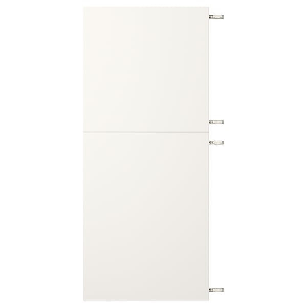 Bílá dvířka skříněk VEDDINGE, dřevovláknitá deska a barva, minimalistický design.