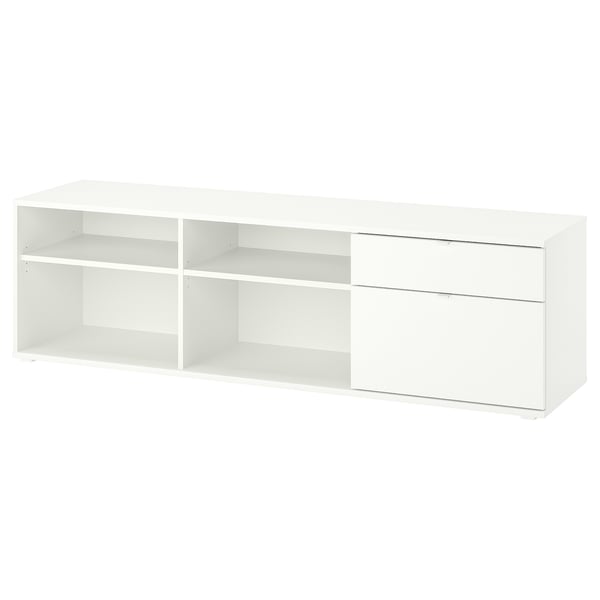 Bílý TV stolek VIHALS se 2 zásuvkami a 2 policemi, ideální na ukládání a uspořádání kabelů.