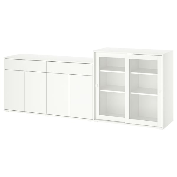 Bílá úložná sada VIHALS, moderní minimalistický design, obsahuje skříňku s posuvnými dveřmi a příborník se zásuvkami.
