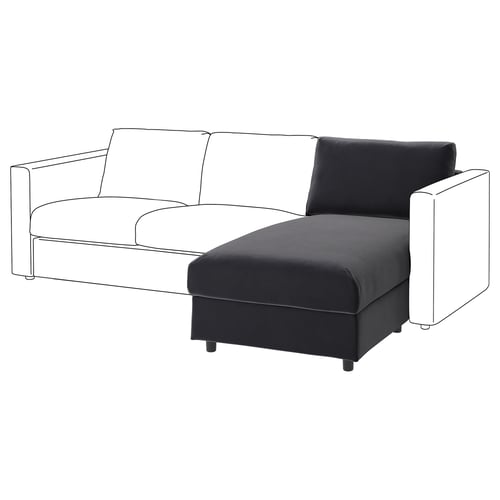 Znázorňuje moderní tmavě šedou pohovku VIMLE s úložnou lenoškou. Pohovka se čtvercovými rameny a elegantním designem.