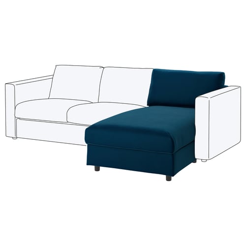 Modrá pohovka VIMLE s bílými akcenty, tvar L, moderní design.