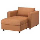 Oranžové rozkládací křeslo, VIMLE, s úložnou podnožkou, kožené čalounění, moderní design.