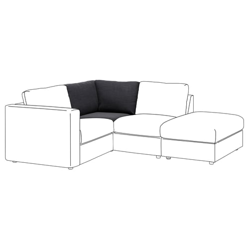 Sekční pohovka VIMLE, bílá s tmavými polštáři. Moderní design, čisté linie, ve tvaru L, pohodlné.