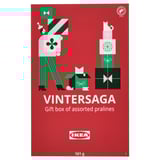 Ikeas VINTERSAGA: dárková krabička s různými pralinkami, se slavnostním designem, vhodná pro vánoční dárky.