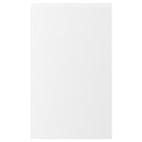 Bílá kuchyňská dvířka VOXTORP s minimalistickými, integrovanými úchytkami a hladkým povrchem.